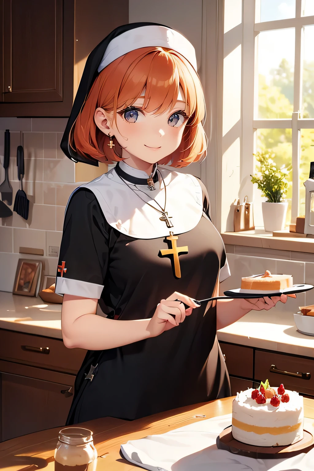 Ginger hair, short hair, straight bangs, nun uniform, woman, illustrations, high-quality, ultra-detailed, realistic, vivid colors, portraits, warm tones, soft lighting. ((Necklace with a cross)). Woman. Full body ((Cooking cake in a kitchen)) (Dinamyc poses) ((Different perspectives)) ((smiling))