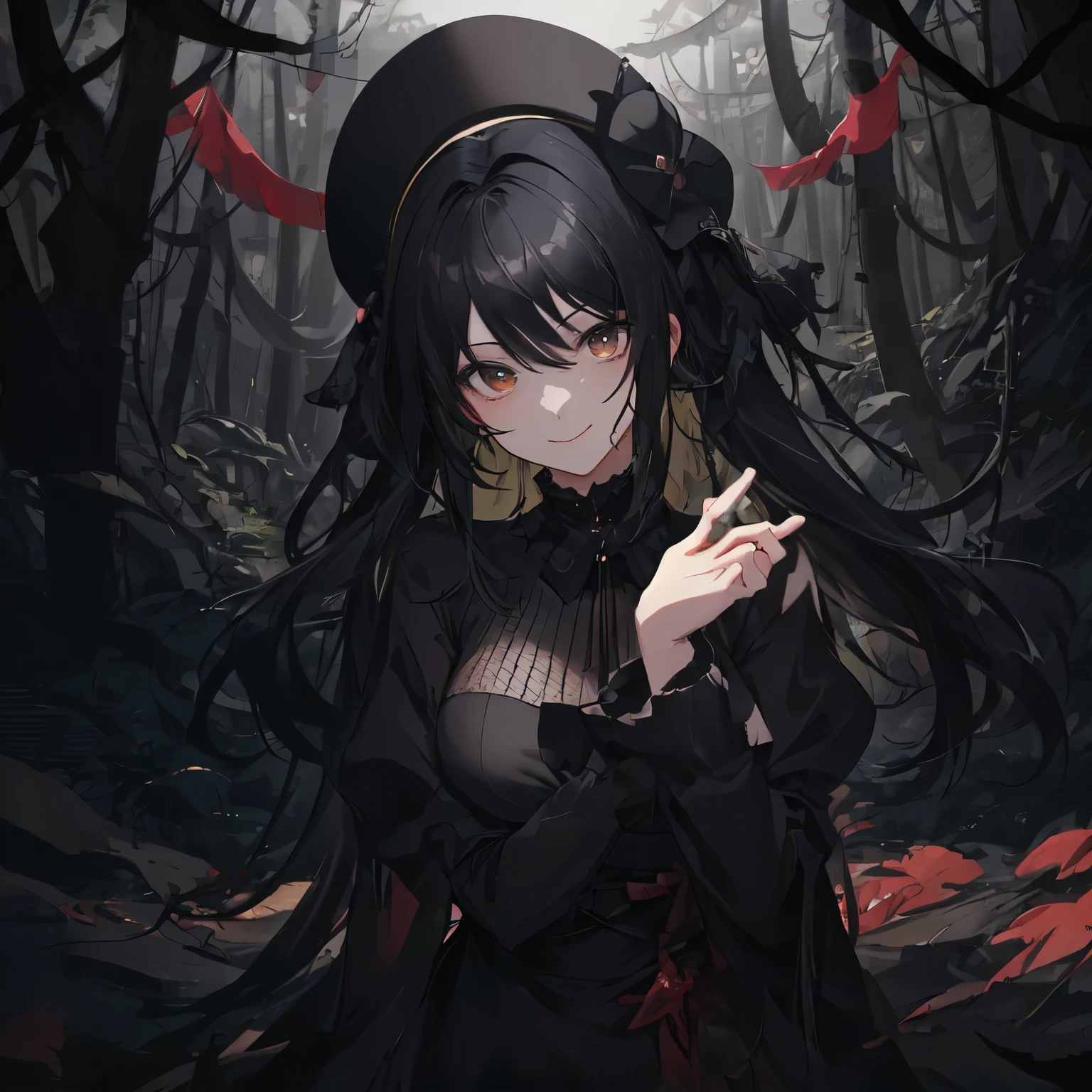 anime, goth style woman, chain accesories, ((wearing a black suit mixed with golden flowers marks)), black suit, ((black eyes)), very dark eyes, upper view, both arms on her back, she is hiding her arms on her back, Japanese-style hair tied and a little messy, dark gothic makeup, black lips, dark circles, scary scene, smile, abandoned doll factory setting, horror, highres, ultra-detailed, (best quality,4k,highres,masterpiece),subdued colors, vivid colors, professional lighting, dark shadows, golden lightining, detailed lips, detailed eyes, only black and golden colors.