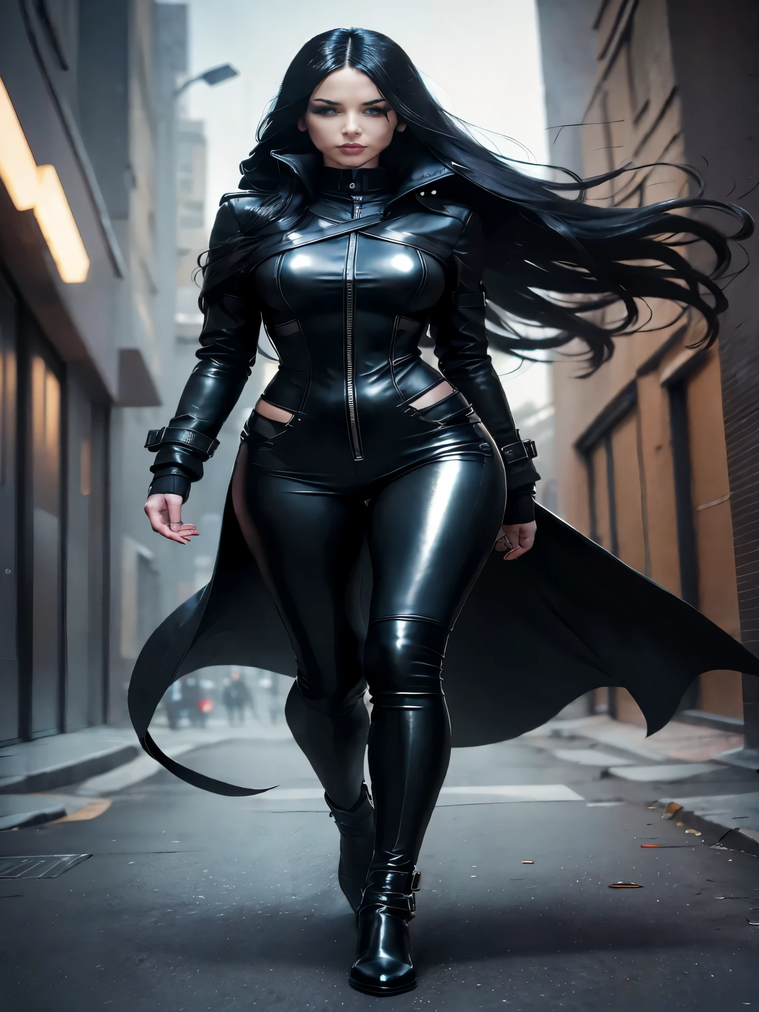 araffe woman in a black leather outfit walking down a street, cat woman, gothic city streets behind her, wearing black latex outfit, dressed in black leather, black cat, full body x-force outfit, jet black haired cyberpunk girl, wearing a black catsuit, wearing a full leather outfit, black leather costume, cosplay on black harley queen, urban fantasy style