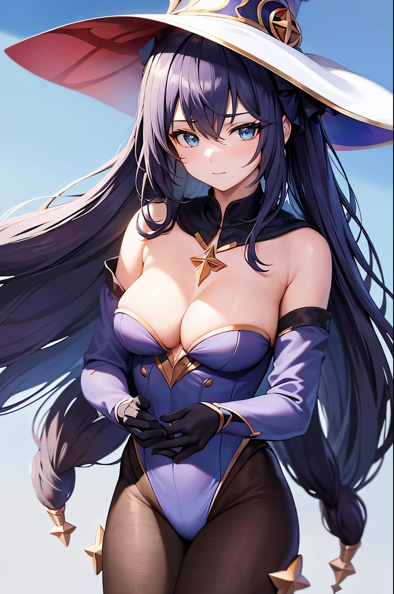 ((masterpiece)),(best quality),official art,extremely detailed CG,unity 8k wallpaper,ultra detailed,A lighthouse on a cliff by the sea,1girl,solo,upper body,(portrait:1.2),looking at viewer,witch_hat,twintails,jewelry,cape,long_hair,black_hair,black_gloves,medium_breasts,black_pantyhose,black_choker,aqua_eyes,bangs,bodystocking,hair_ornament,purple_headwear,detached_sleeves,blue_leotard,star_earrings,