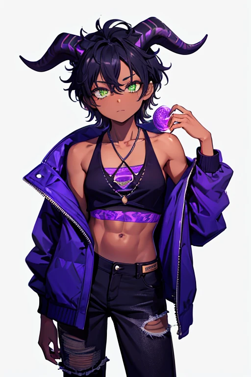 (Masterpiece) (High Detail) (High Res) (Black Skin) Looking from above A young beautiful humanoid FutEred, dark skin, soft detailed face, detailed green eyes, short scruffy black hair, goat ears, short symmetrical dark goat horns, looking smug at the camera, toned body, small to average breasts, dressed like a punk wearing a purple jacket, a cropped tank top showing off her abs, black jean pants