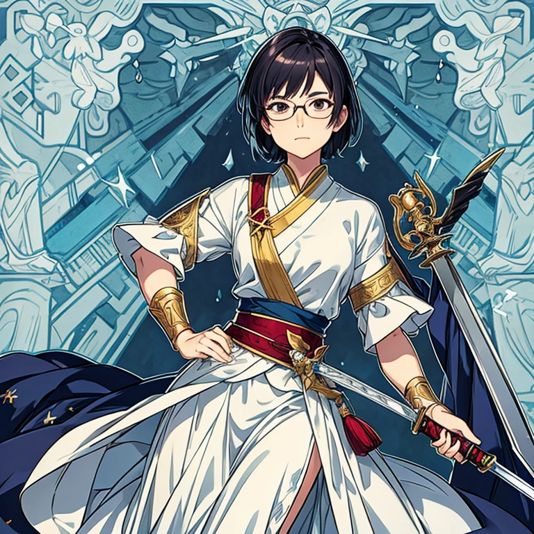 A woman with short hair wearing eyeglasses and has sword, wearing beautiful dress and looks like a fighter, she has small eyes like asian
