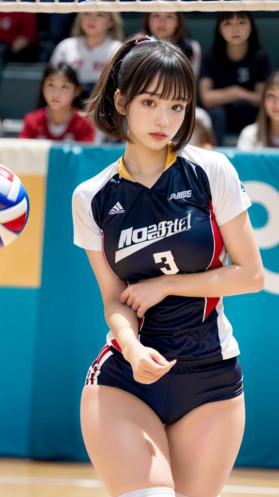 muste piece, best quality, illustration, Super detailed, fine details, High resolution, 8K,wall paper, perfect dynamic composition,(Details High quality, realistic depiction of eyes:1.3), (short hair volleyball player, Volleyball Uniforms), Tight clothes, (large breasts), black hair color, Big Natural Color Lip, bold sexy pose, (perfect body shape), Do gal makeup, sexy face, Harajuku style、20 year old girl、cute type、ta、beautiful legs, hposing Gravure Idol, Voluptuous thighs