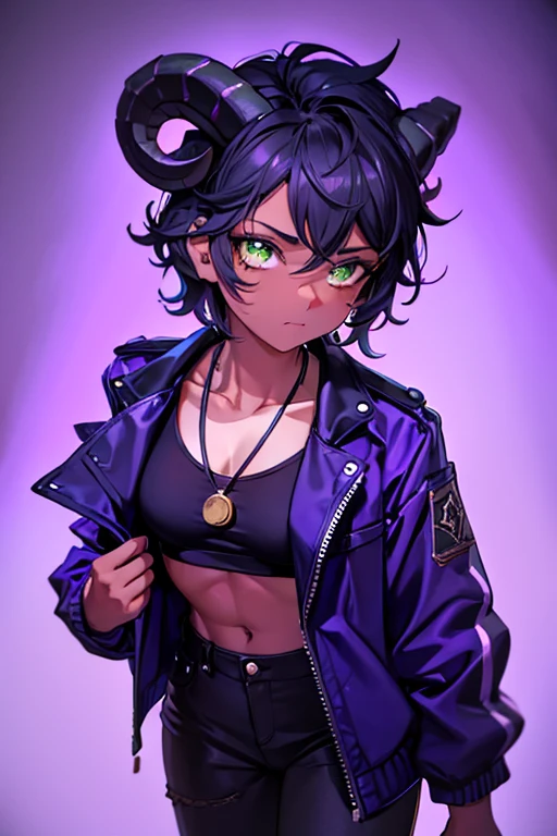 (Masterpiece) (High Detail) (High Res) (Black Skin) Looking from above A young beautiful humanoid FutEred, dark skin, soft detailed face, detailed green eyes, short scruffy black hair, goat ears, short symmetrical black goat horns, looking smug at the camera, toned body, small to average breasts, dressed like a punk wearing a purple jacket, a cropped tank top showing off her abs, black jean pants