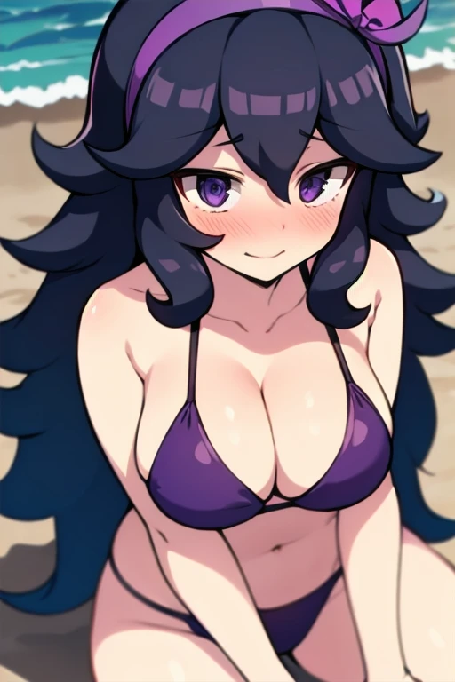 masterpiece, super detail, best quality, hex maniac, hairband, messy hair, (purple eyes:1.1), purple hair, purple hairband, @ @, black bikini, embarrassed, beach