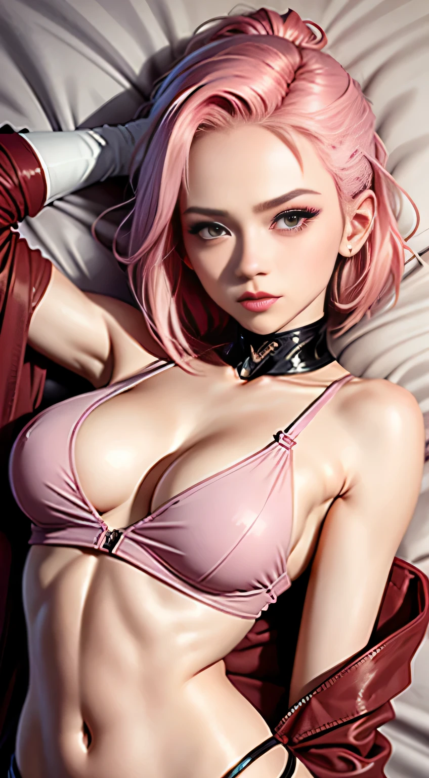 sfw, ((lying on bed top view)), Sakura Haruno, Seductive, ((forehead to show)), Attractive, Sexy eyes, Red coat, Pink hair, Delicate, young, Short hair, Detailed face, High Definition, Full body, from league of legends, Trending in art stations, by RHADS, Andreas Rocha, rossdraws, By Shinkai Makoto, Laurie Greasley, Royce of Barre, Ilya Kuvshinov and Greg Rutkowski, wearing bra,((skinny waist)), young asian girl, ((big breasted)),