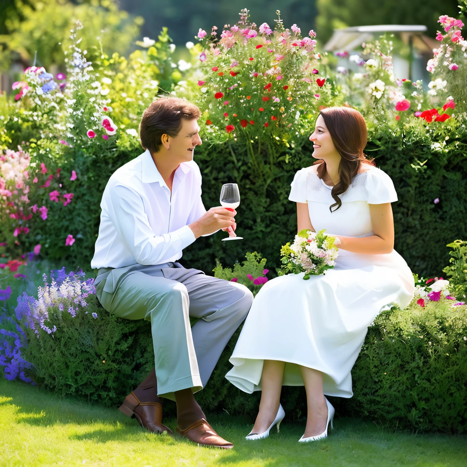 40 year old couple, Sip wine in the flower garden, Italy, dress in white dress, dating