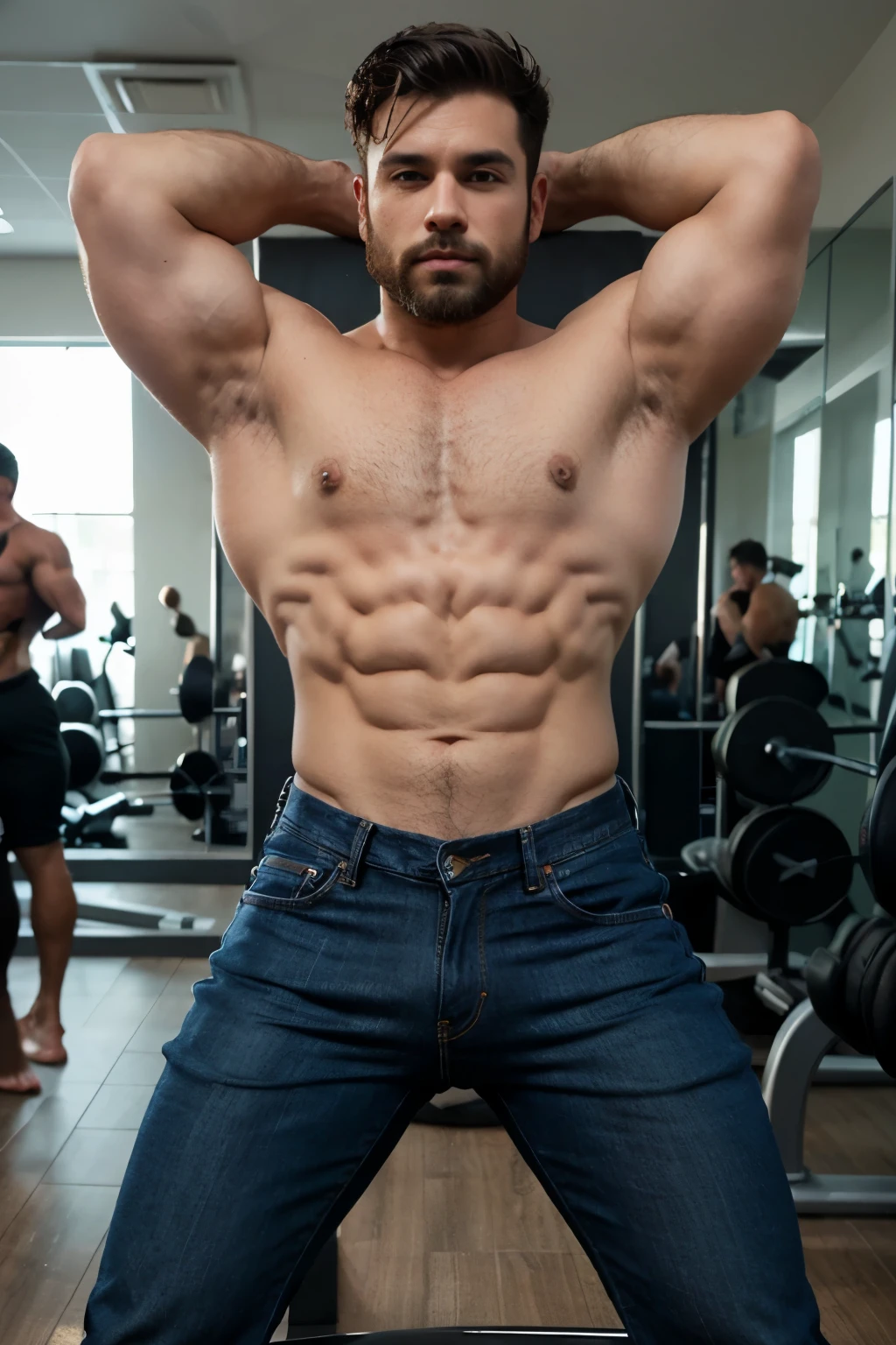 Hombre arafed con barba posando para una foto., fuertes rasgos masculinos, corpo musculoso sexy, tipo de cuerpo musculoso, Athletic Bodybuilding, llevando un traje, pelo negro,traje elegante. Jeans bent over