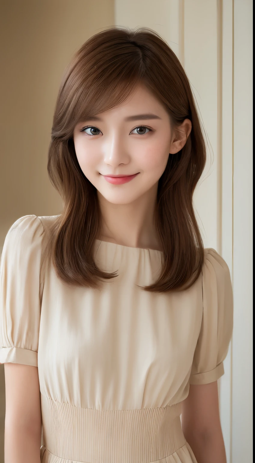 ((Best Quality, 8K, Masterpiece: 1.3)), 1 Girl, Slim Abs Beauty: 1.3, (Hairstyle Brown Hair Shortcut, Big: 1.2), Dress: 1.1, Super Slender Face, Delicate Eyes, Double Eyelids, Smile, Home, Raw Photo