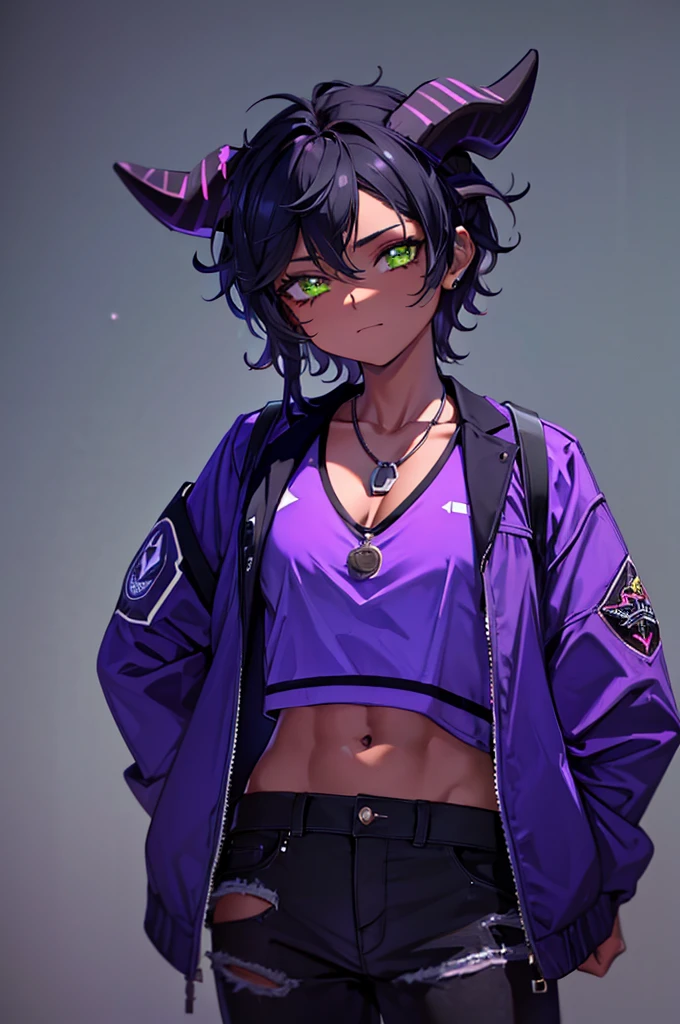 (Masterpiece) (High Detail) (High Res) (Black Skin) Looking from above A young beautiful humanoid FutEred, dark skin, soft detailed face, detailed green eyes, short scruffy black hair, goat ears, short symmetrical black goat horns, looking smug at the camera, toned body, small to average breasts, dressed like a punk wearing a purple jacket, a cropped tank top showing off her abs, black jean pants