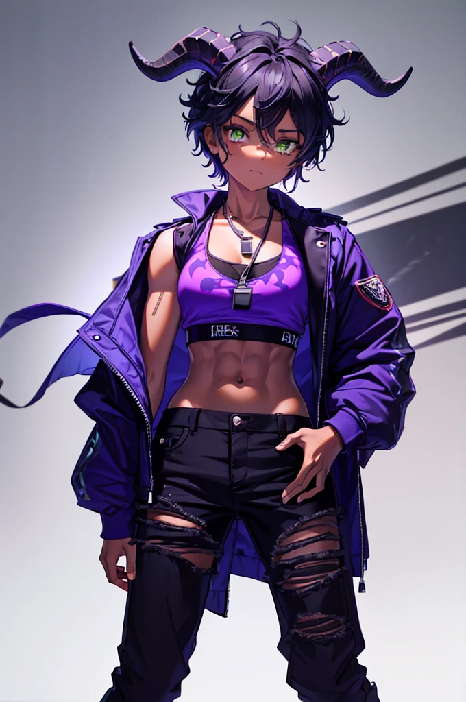 (Masterpiece) (High Detail) (High Res) (Black Skin) Looking from above A young beautiful humanoid FutEred, dark skin, soft detailed face, detailed green eyes, short scruffy black hair, goat ears, short symmetrical black goat horns, looking smug at the camera, toned body, small to average breasts, dressed like a punk wearing a purple jacket, a cropped tank top showing off her abs, black jean pants