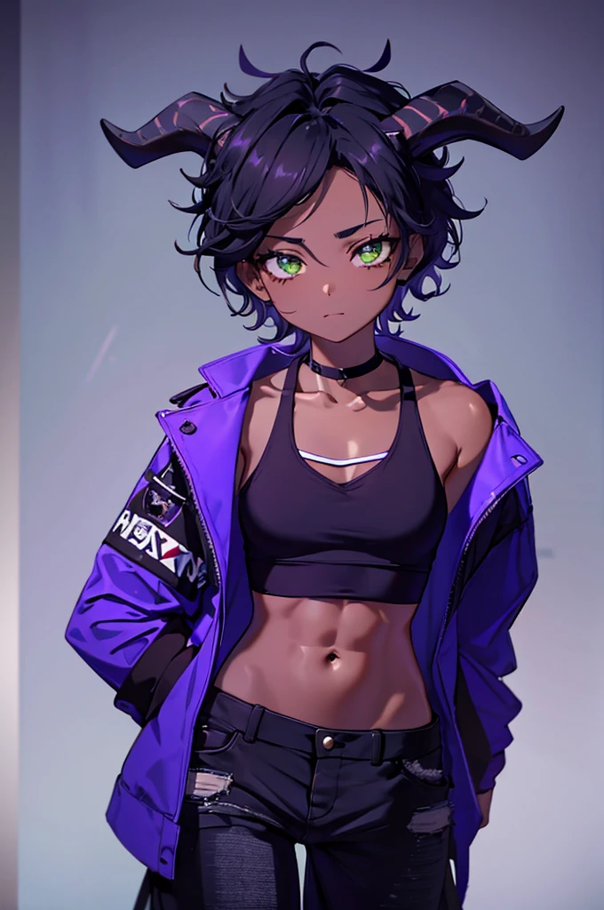 (Masterpiece) (High Detail) (High Res) (Black Skin) Looking from above A young beautiful humanoid FutEred, dark skin, soft detailed face, detailed green eyes, short scruffy black hair, goat ears, short symmetrical black goat horns, looking smug at the camera, toned body, small to average breasts, dressed like a punk wearing a purple jacket, a cropped tank top showing off her abs, black jean pants