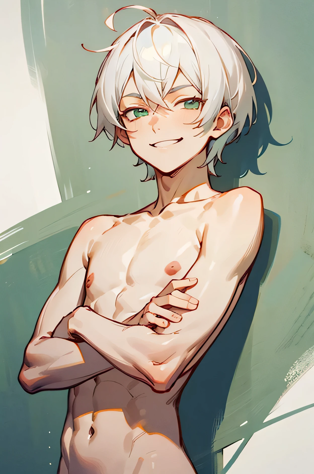 ((best quality)), ((masterpiece)), (detailed), perfect face, mizuki, Kamisama, boy, naked chest, flat chest, short spike hair, white hair, mint green eyes, smile, smirking, side looking