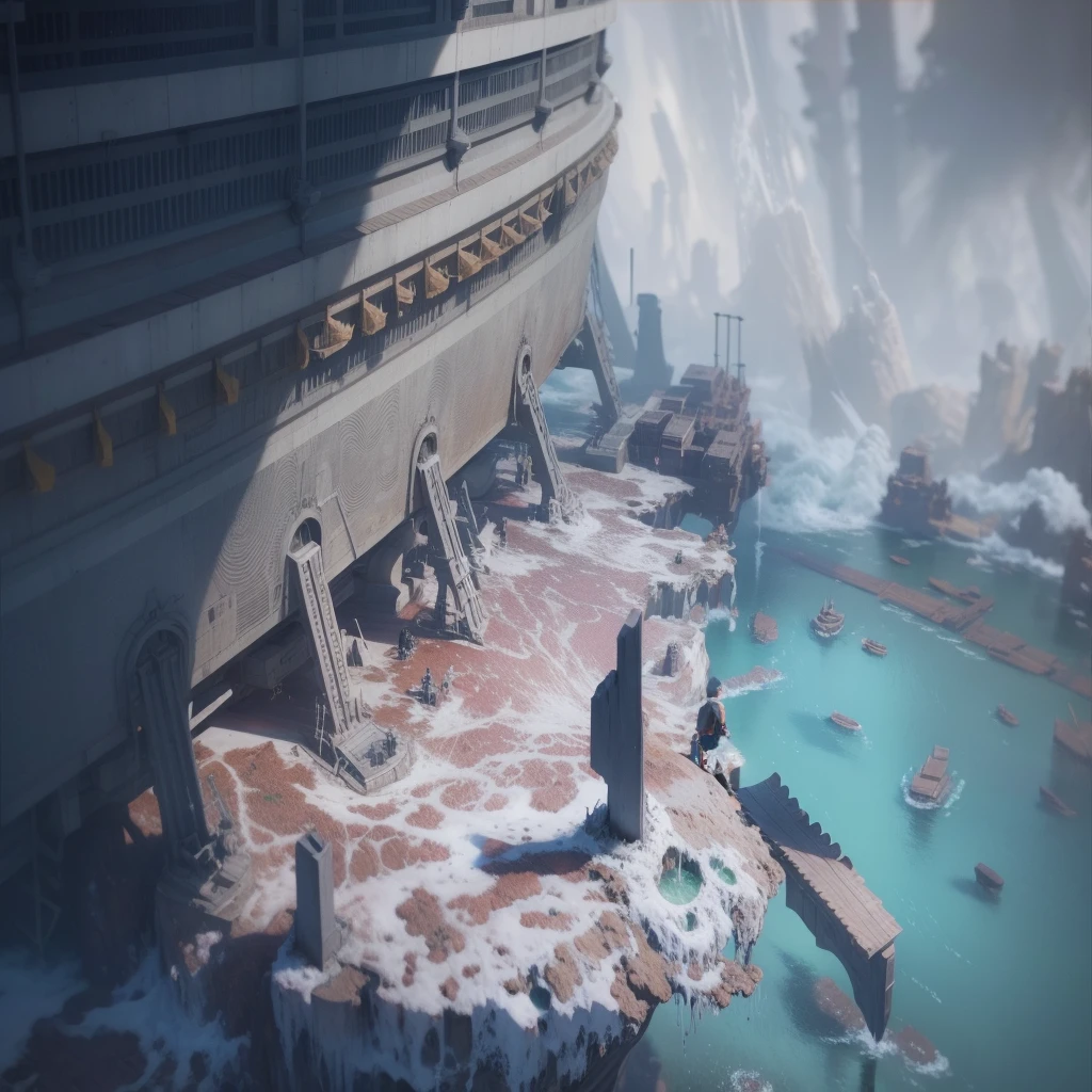 there is a man standing on a platform next to a large ship, detailed cinematic render, concept art ， highly rendered, 8 k high detail concept art, rendered in redshift, fantasy style 8 k octane render, concept art 8 k resolution, concept art 8k resolution, 8k resolution concept art, cinematic rendered, 4 k resolution concept art, detailed 4k concept art