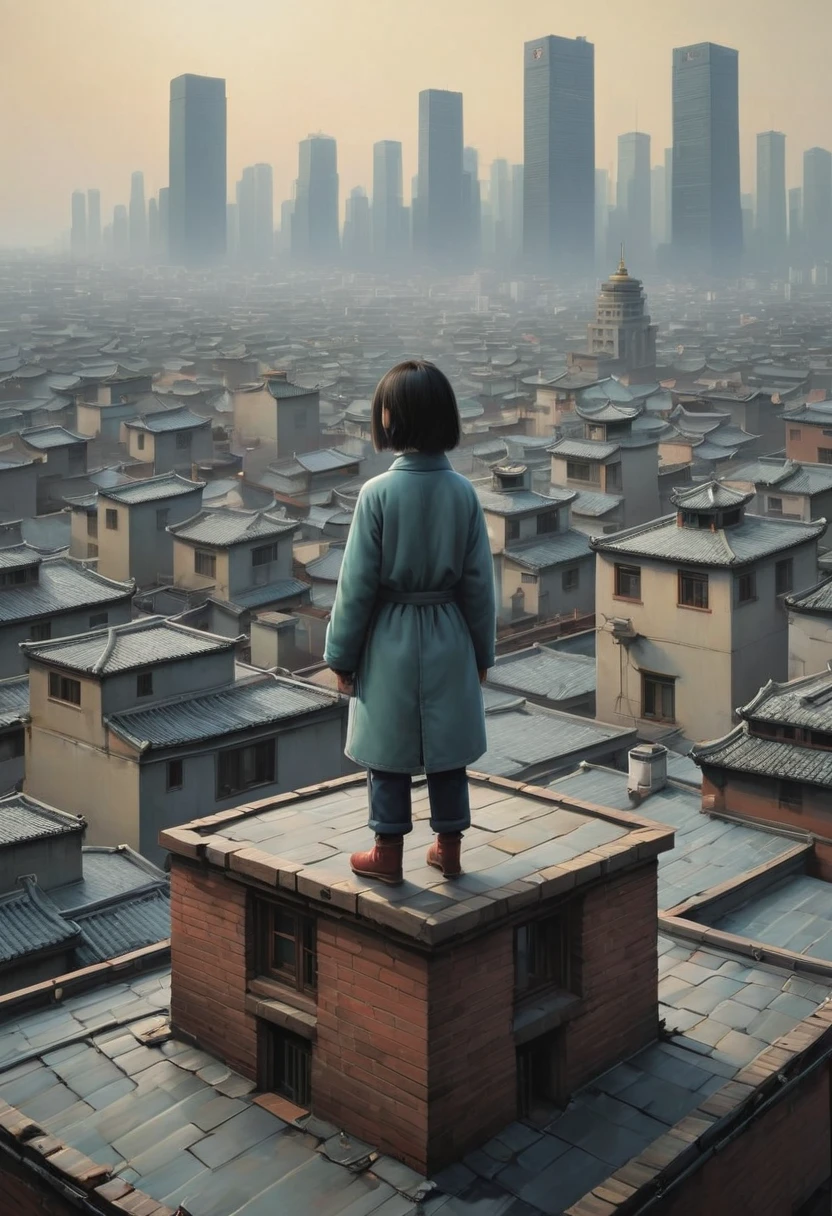 Person Standing on the Rooftop, by Liu Ye, best quality, masterpiece, very aesthetic, perfect composition, intricate details, ultra-detailed