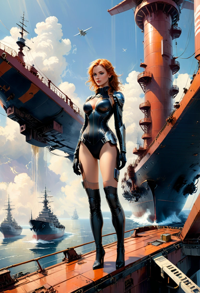 Person Standing on the Rooftop of ship, (masterpiece, best quality, Professional, perfect composition, very aesthetic, absurdres, ultra-detailed, intricate details:1.3), by John Berkey