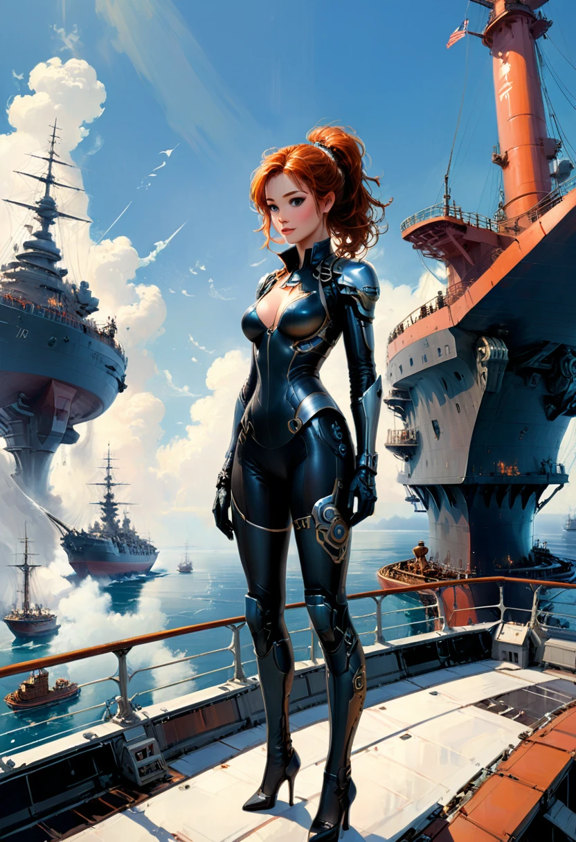 Person Standing on the Rooftop of ship, (masterpiece, best quality, Professional, perfect composition, very aesthetic, absurdres, ultra-detailed, intricate details:1.3), by John Berkey