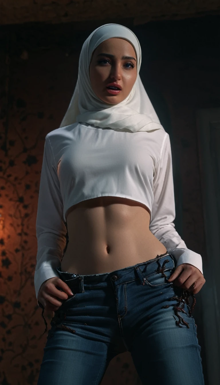 A woman trapped in the haunted room with full of worms, wearing hijab, white shirt, pull down her jeans, white skin, smooth skin, beautiful face, detail, photorealistic, 8K. High quality, ultra detail, cinematic color, dramatic lighting, panties accidentally exposed