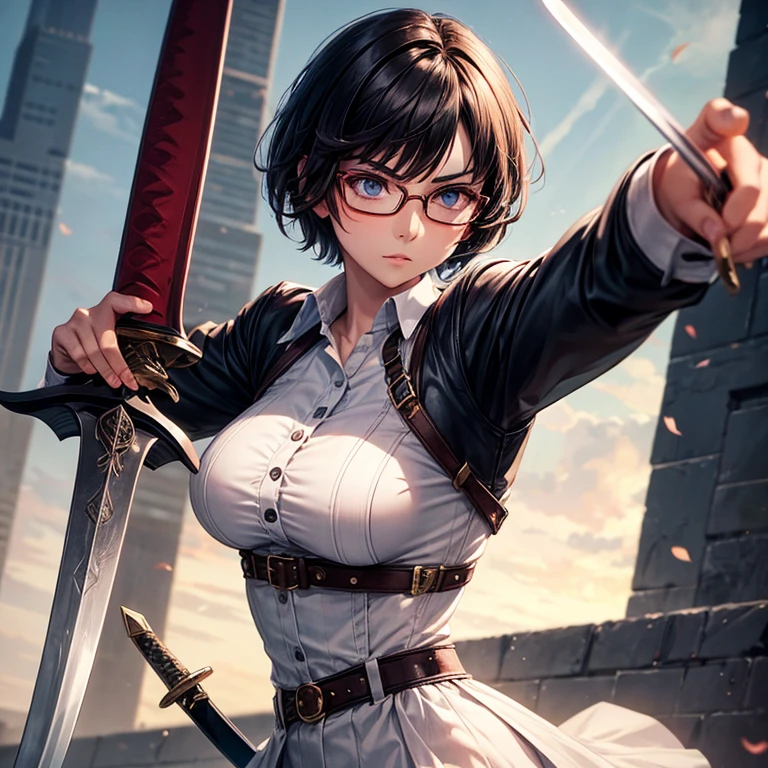 A short hair girl wearing eyeglasses that has sword and looks sophisticated and strong in power