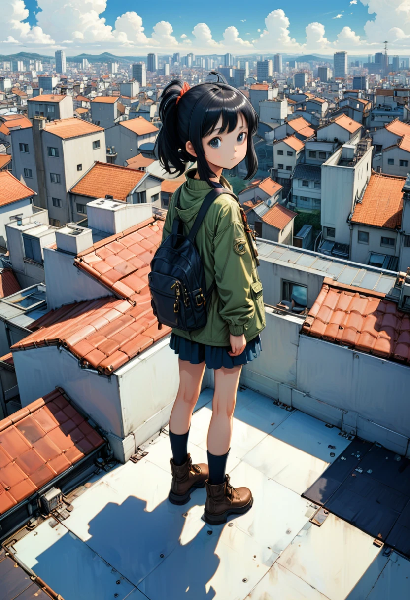 Person Standing on the Rooftop, (masterpiece, best quality, Professional, perfect composition, very aesthetic, absurdres, ultra-detailed, intricate details:1.3), by Yoshiyuki Tomino