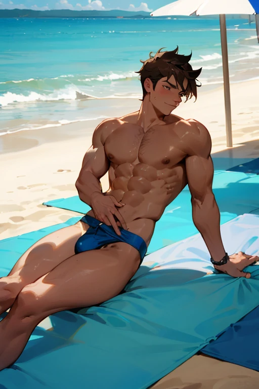 Hombre, muscular, sensual, bronceado, gay, en la playa