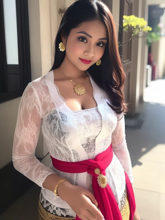 photography, woman,  portrait of woman wearing kebaya_bali in white long kebaya dress traditional, red lipstick, golden necklace, earrings, ornate, detail, flowers, blurry background, soft focus