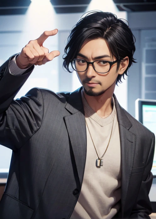 arafed man in a gray jacket and sweater pointing at something, a stock photo inspired by Harrington Mann, flickr, neo-dada, with pointing finger, nerdy appearance, promo photograph, typical cryptocurrency nerd, pointing index finger, intelligent man, with index finger, with nerdy glasses and goatee, raj koothrappali as saul goodman, man with glasses There's a man holding a microphone, ((tatsuro yamashita)), Gregg Araki, kazuki tanahashi, amazing, tatsuya endo, !! takeshi amano!!, masashi ando, tomohiro shimoguchi, yoji takeshige, I just walk, naoki ikushima