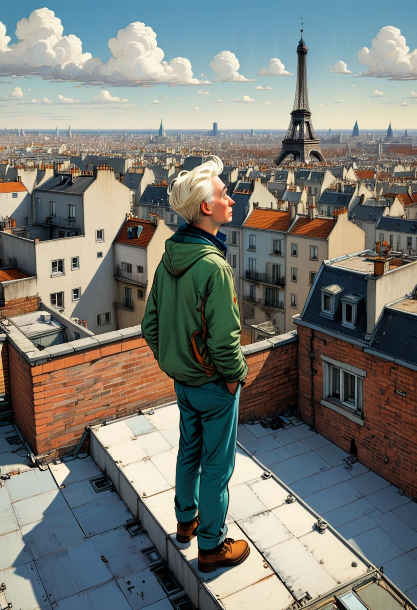 Person Standing on the Rooftop, (masterpiece, best quality, Professional, perfect composition, very aesthetic, absurdres, ultra-detailed, intricate details:1.3), by Hergé