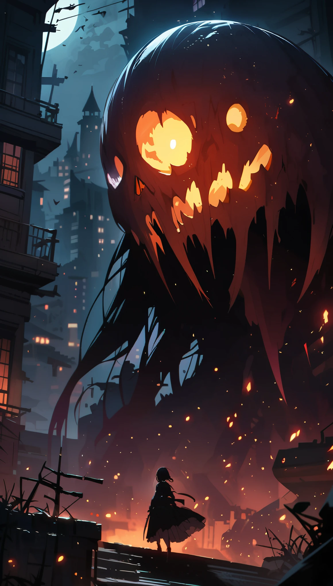 (best quality,highres), detailed moonlight, intricate shadows, eerie atmosphere, chilling suspense, gothic architecture, creature crawling, glowing eyes, haunting presence, terrified family, building tension, heart-pounding suspense, cinematic horror, supernatural terror, bone-chilling darkness, spine-tingling moments, fear-inducing ambiance, blood-curdling scene, hair-raising encounter, macabre details, nightmare-inducing visuals, otherworldly creature, ominous rooftop silhouette, fear gripping the night, gripping narrative, heart-stopping climax.