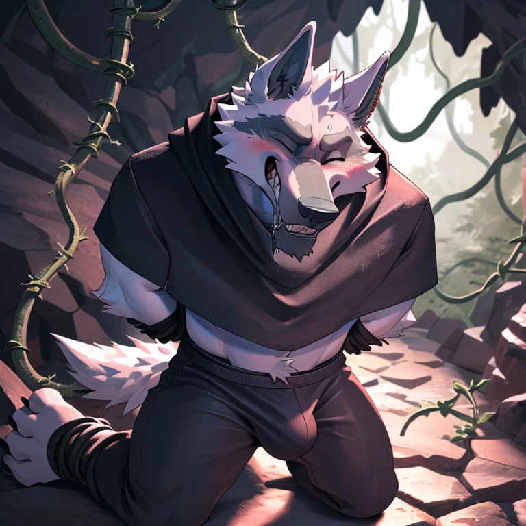deathwolf, 1boy, solo, colored sclera, red eyes, black cloak, white fur, full body, anthro, (smile:1.2), (pain:1.1), (clenched teeth with drooling:1.3), (one eye closed:1.5), from above, kneeling, (hands behind back:1.3), (looking upwards:1.5), (tightly bound by vines:1.5), male, muscular, muscular anthro, (sweat:1.4), muscular male, aged up, hi res, (bottomwear:1.2), 8k hd, extreme detail, detailed background, dark cave, vines tight around body, black cloak revealing chest, bulge visible through pants, blushing, sweating, vines tie around penis,