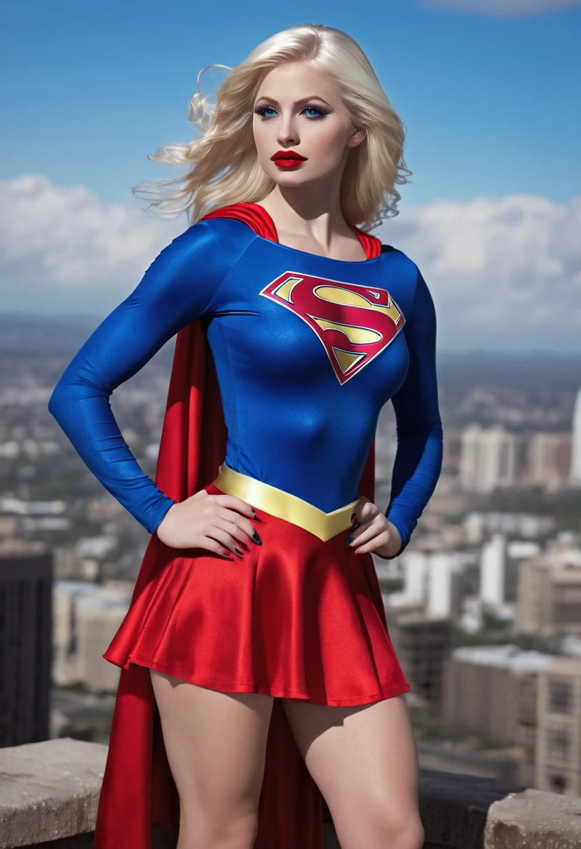 Hyper photo realistic picture perfect supergirl, perfect face, thin curved platinum blonde eyebrows, long luscious eyelashes, thick black eyeliner, black eye shadow, big eyes, Florence blue eyes, bright cheek makeup, bright red lipstick, long luscious platinum blonde hair, beautiful perfect face. Curved lips, sexy supergirl shirt, supergirl mini skirt, perfect round breasts, slinder waist, perfect hips, perfect ass, krypton giant planets on sky