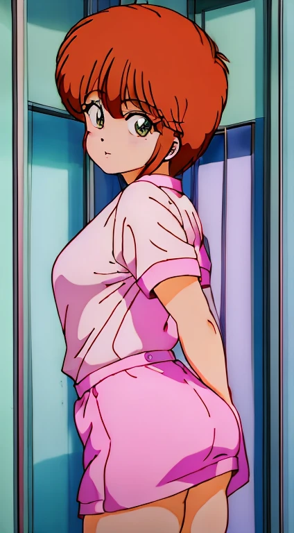 Masterpiece, sksrin, beautiful urban female model, in hospital room,facial details, detailed body part details, 8k wallpaper,  looking at viewer, hospital, Hoshizora rin, short hair, nurse custom, thighs, golden ,glowing eyes, cowboy shot, sexy,bent over, from behind