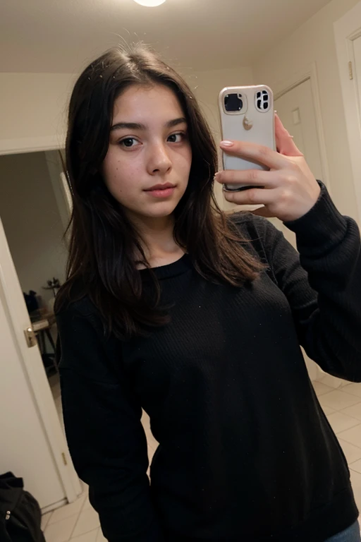 13 year old girl with straight black hair taking a selfie in a black sweater