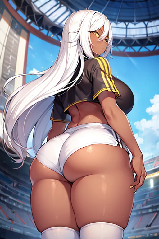 1girl, dark skin, dark-skinned female, yellow eyes, white hair, long hair, mature female, thick thighs, breasts, wide hips, sportswear, shirt, numbered, nunbers, number, stadium, shorts, short pants, white shorts, ass, ass focus, from behind, text, tall, tall female, hourglass figure