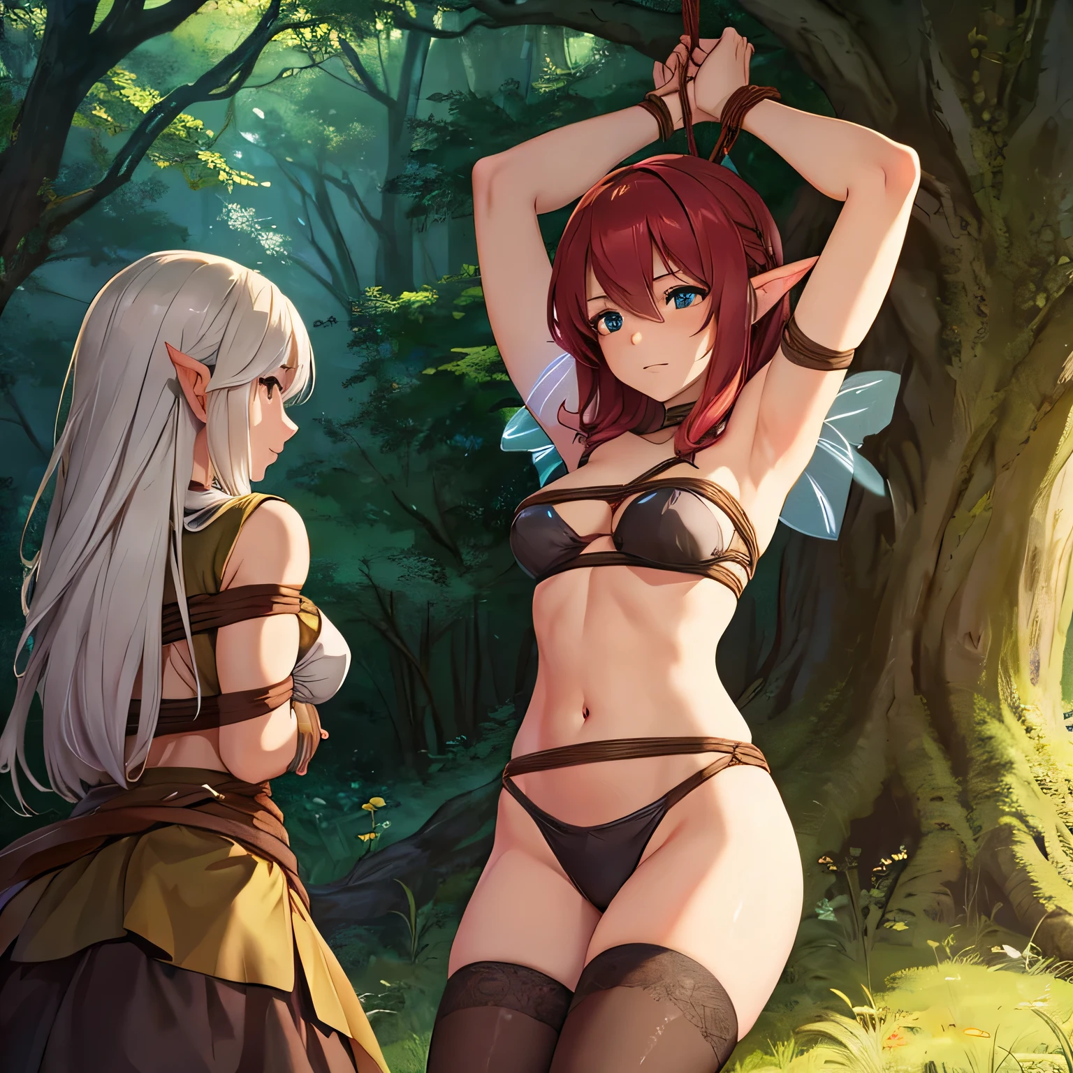 Make a picture where a fairy is getting tied up by a female thief in the woods, bound