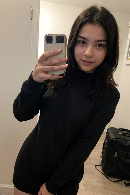 create ultrarealistic, hyperdetailed, anatomically correct 13 year old girl (by the cafe, Beautiful, innocent, Medium Chest, small) upper body selfie from hand (Frontal camera) in bed, wearing a black sweater showing her private parts