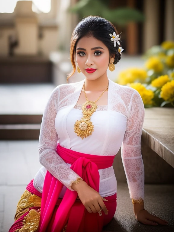 photography, woman,  portrait of woman hijab wearing kebaya_bali in white long kebaya dress traditional, red lipstick, golden necklace, earrings, ornate, detail, flowers, blurry background, soft focus