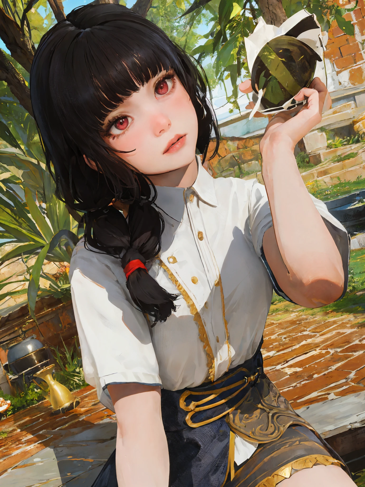 masterpiece, highly detailed, best quality, 1girl, solo, Luna, black hair, loose low tied hair, red eyes, distracted