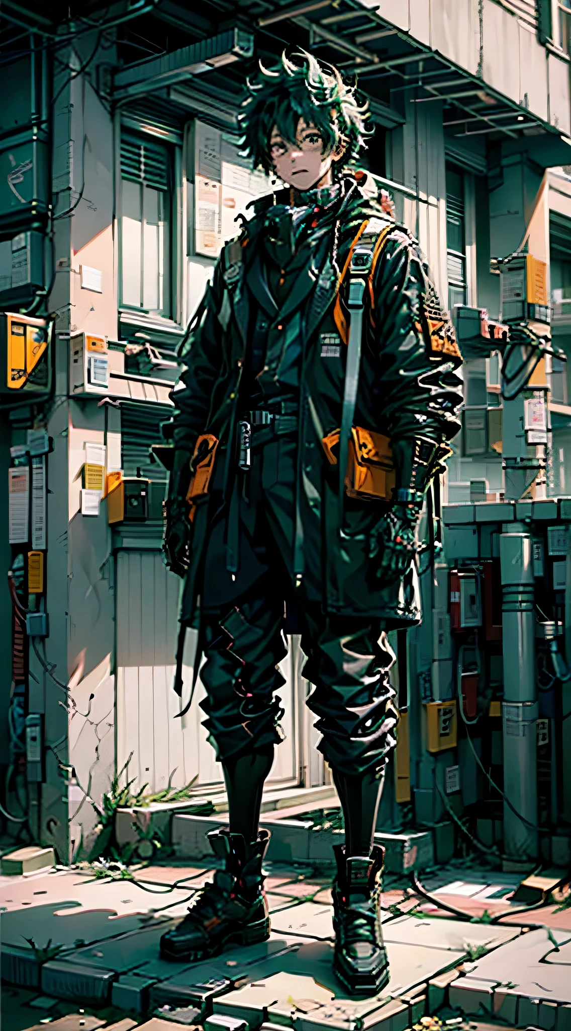 (midoriya_izuku), (high resolution), (ultra detailed), full body shot, look at viewer, street wear, A handsome boy, frontal, green hair, on the street, super high detail, high real, 4K, super detail, anime boy, anime style, cyberpunk city background