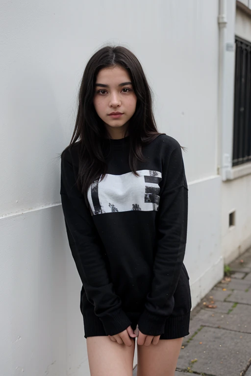 A 13 year old girl with straight black hair wearing a black sweater