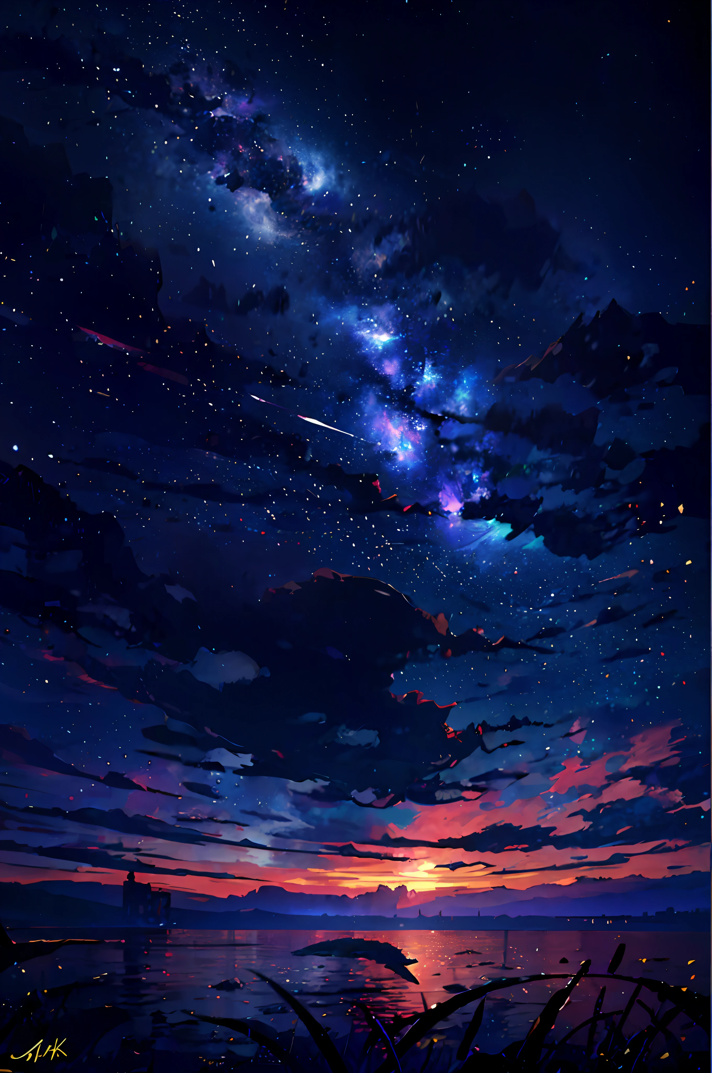 starry night sky，sea，The ocean is swollen，whale，The background is an infinite universe.，cosmic sky。Starry Sky 8 g，quiet evening，anime background art， Anime Wallpapers 4k， starlight， Moonlit starry sky environment