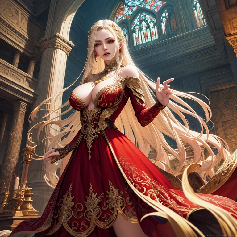 masterpiece, top-quality, high resolution,
fantasy RPG style, pale blonde adult woman,
detailed and intricately designed,
red eyes shining with otherworldly intensity,
voluminous red dress flowing around her,
large chest adorned with elaborate jewelry,
elaborate and intricate patterns on her dress,
realistic and lifelike rendering,
stunning facial features,
high definition textures,
excelling in every detail,
a character straight out of a fantasy game,
exuding an aura of power and allure.