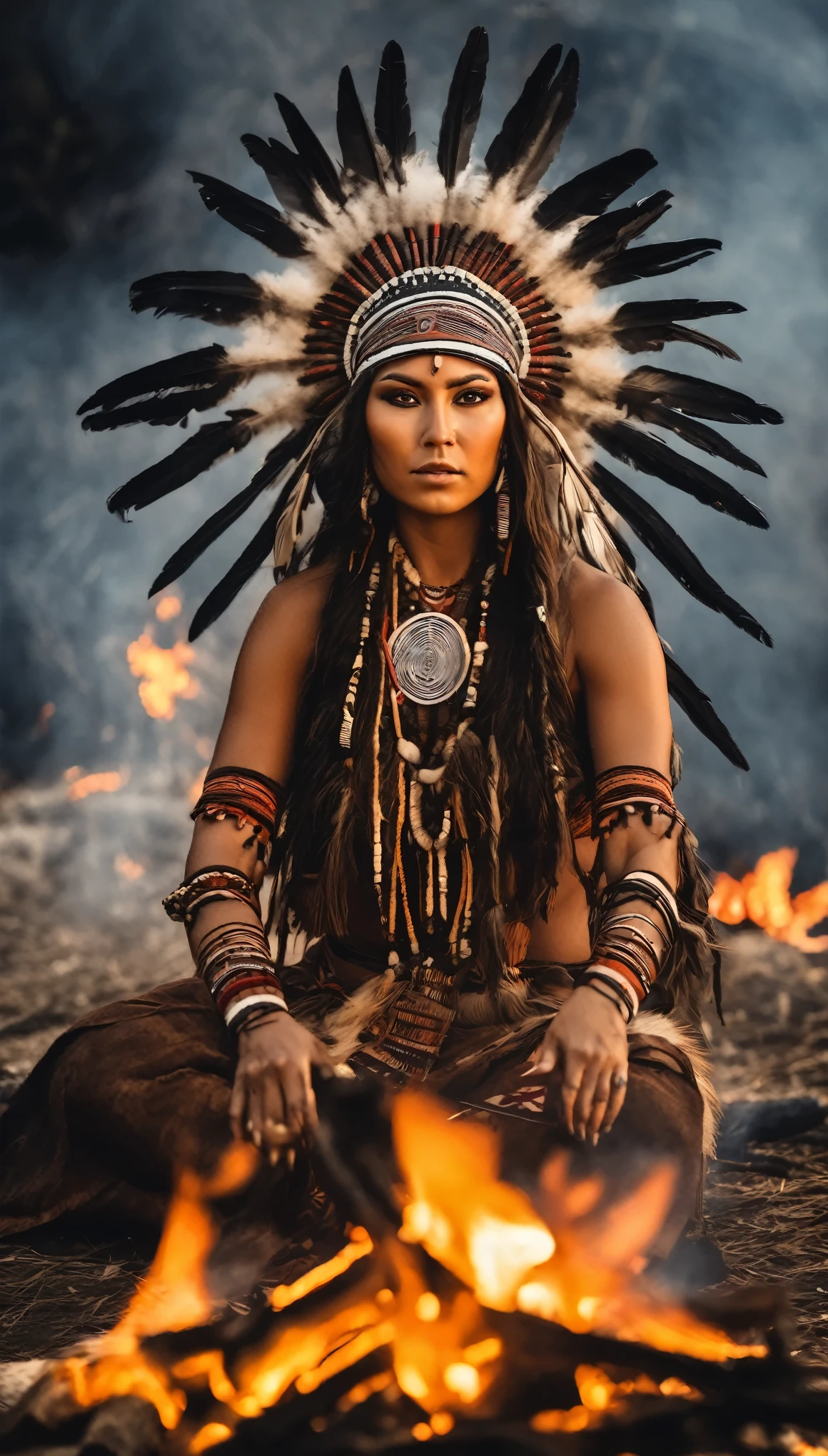 arafed woman in native dress dance in front of a fire, huge campfire, she is dressed in shaman clothes, beautiful young female shaman,native american shamen fantasy, a beautiful woman warrior, woman made of black flames, appears as the fire goddess, dance around huge camp fire, native american, aztec warrior goddess, karol bak uhd, warrior woman,