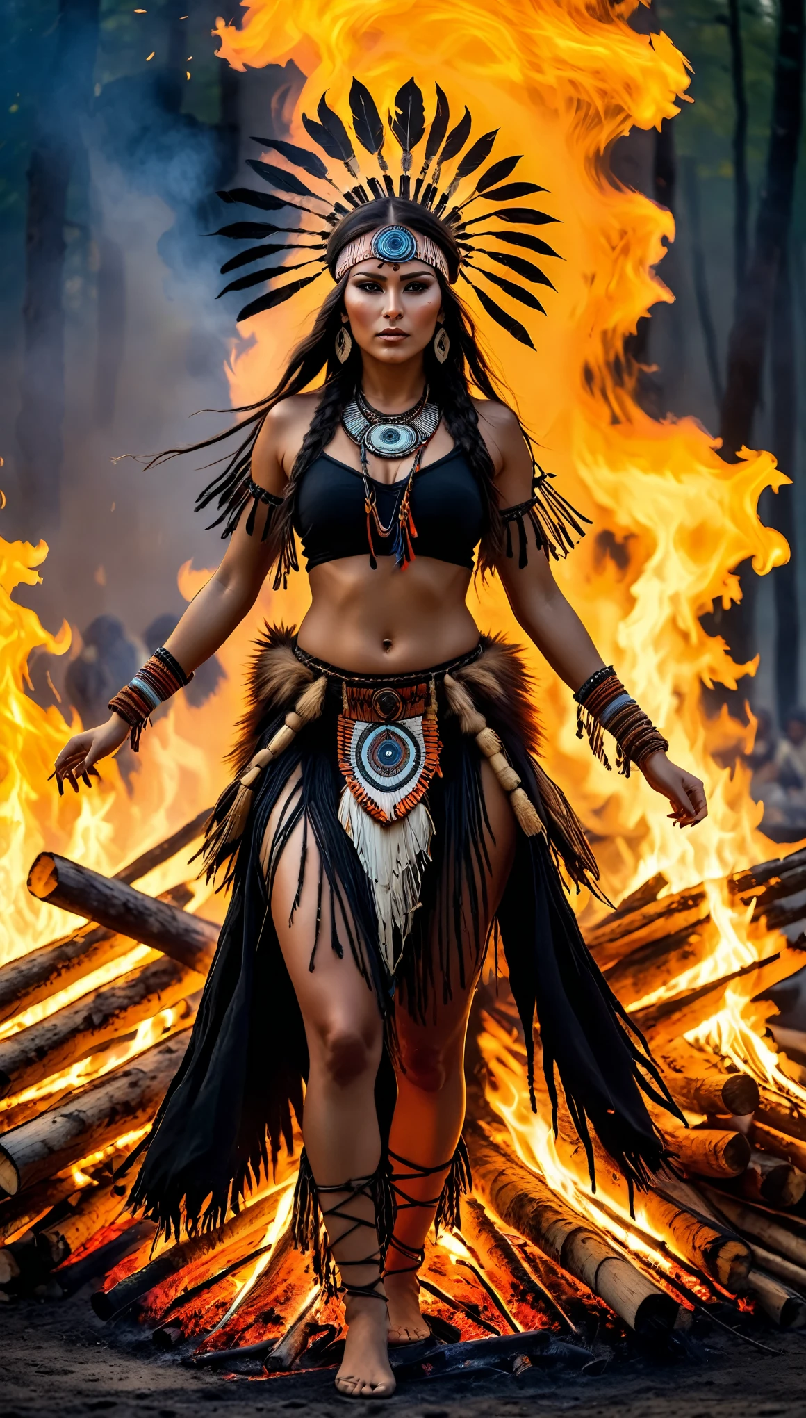 arafed woman in native dress dance in front of a fire, huge campfire, she is dressed in shaman clothes, beautiful young female shaman,native american shamen fantasy, a beautiful woman warrior, woman made of black flames, appears as the fire goddess, dance around huge camp fire, native american, aztec warrior goddess, karol bak uhd, warrior woman,
