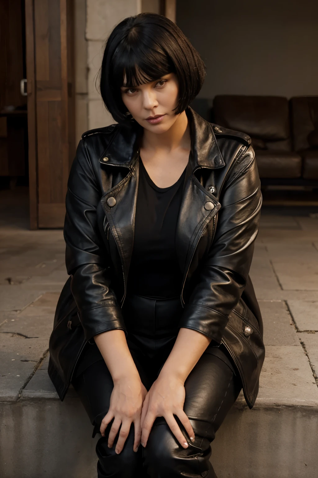 woman,65years old, plus size curvy, black hair bob haircut bangs, black long closed leather coat, leather boots, serious facial expression