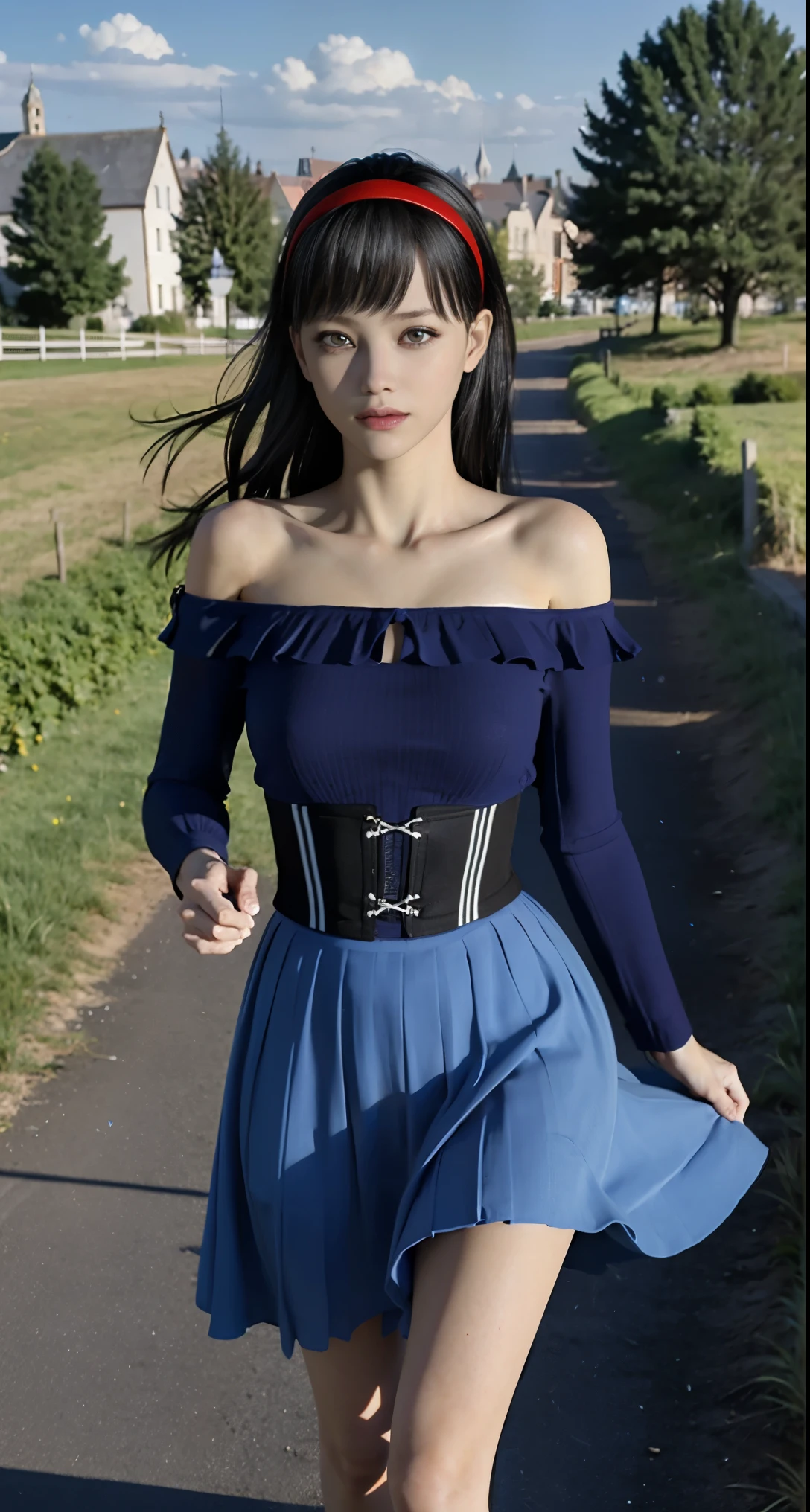 Medieval European castle town、With a girl:her hair is black and short、14 years、Small face、Watery eye、Natural Makeup、((Look straight at your audience))、A light smile、Her face is round and cute、(My face and my dress are blowing in the wind)、White Sandals、Ribbon at ankle、(running in the meadow With a girl:1.3)、scene:There is a beautiful scene floating in the background.、blue sky, White cloud, Medieval European castle town、ハリーポッターThe scene is softly painted like a watercolor painting.、that'What a wonderful atmosphere!!。The scene expresses the imagination and sensibility of the girl、Pubic hair shows completely naked pubic hair) ,more_become close:1.5, (More and more_become close:1.9)、(((off-the-shoulder corset dress)))、Floral