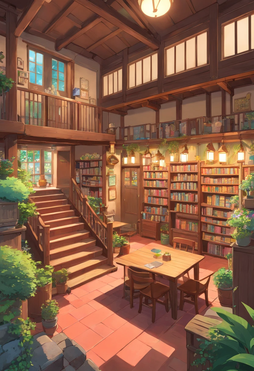 Create a charming bookstore with Showa-era aesthetics on two levels using an isometric 3D model. Upstairs, design a cozy living area that includes a living room, kitchen, bathroom, and laundry room. Adhere to minimalist Japanese design principles and incorporate houseplants for a soothing atmosphere. Communicate this design through a concise sectional drawing.