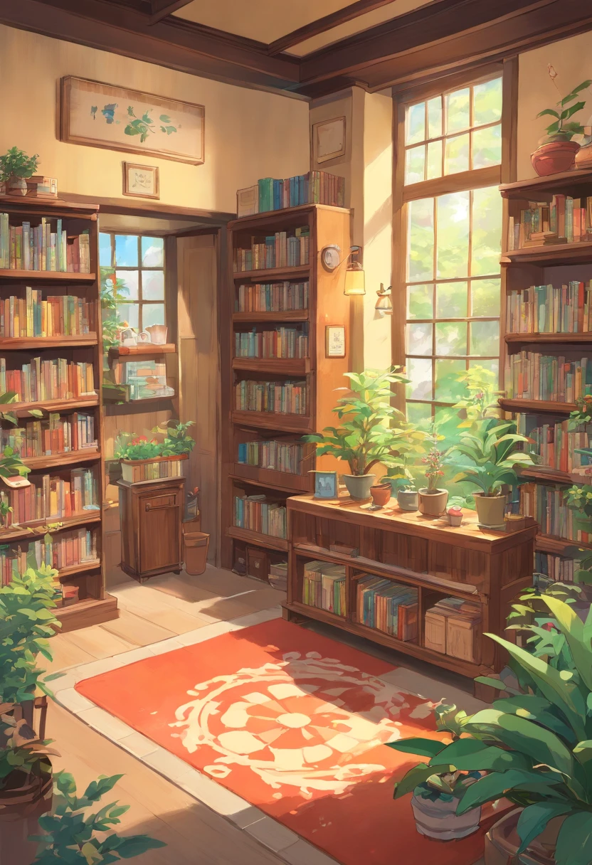 Create a charming bookstore with Showa-era aesthetics on two levels using an isometric 3D model. Upstairs, design a cozy living area that includes a living room, kitchen, bathroom, and laundry room. Adhere to minimalist Japanese design principles and incorporate houseplants for a soothing atmosphere. Communicate this design through a concise sectional drawing.