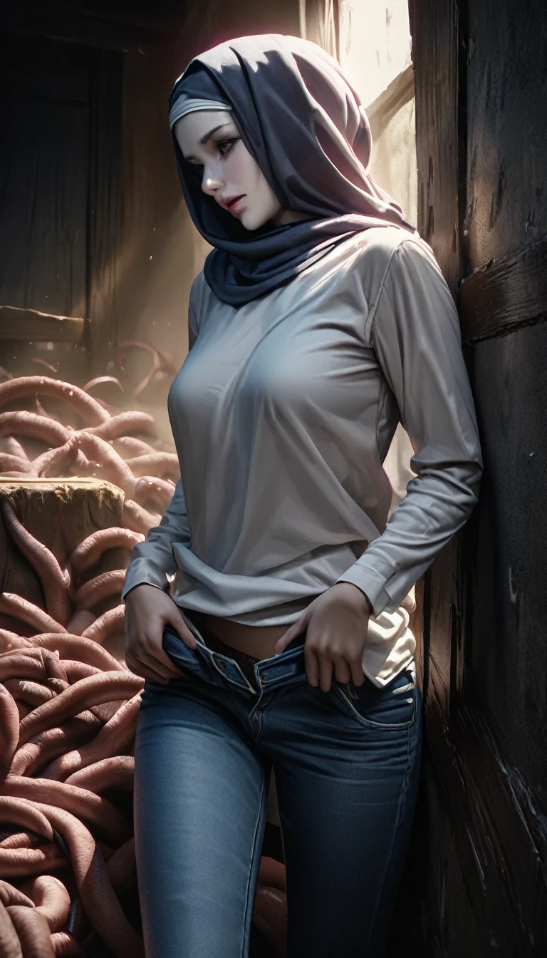 A woman trapped in the haunted room with full of worms, wearing hijab, white shirt, pull down her jeans, white skin, smooth skin, beautiful face, detail, photorealistic, 8K. High quality, ultra detail, cinematic color, dramatic lighting, panties accidentally exposed