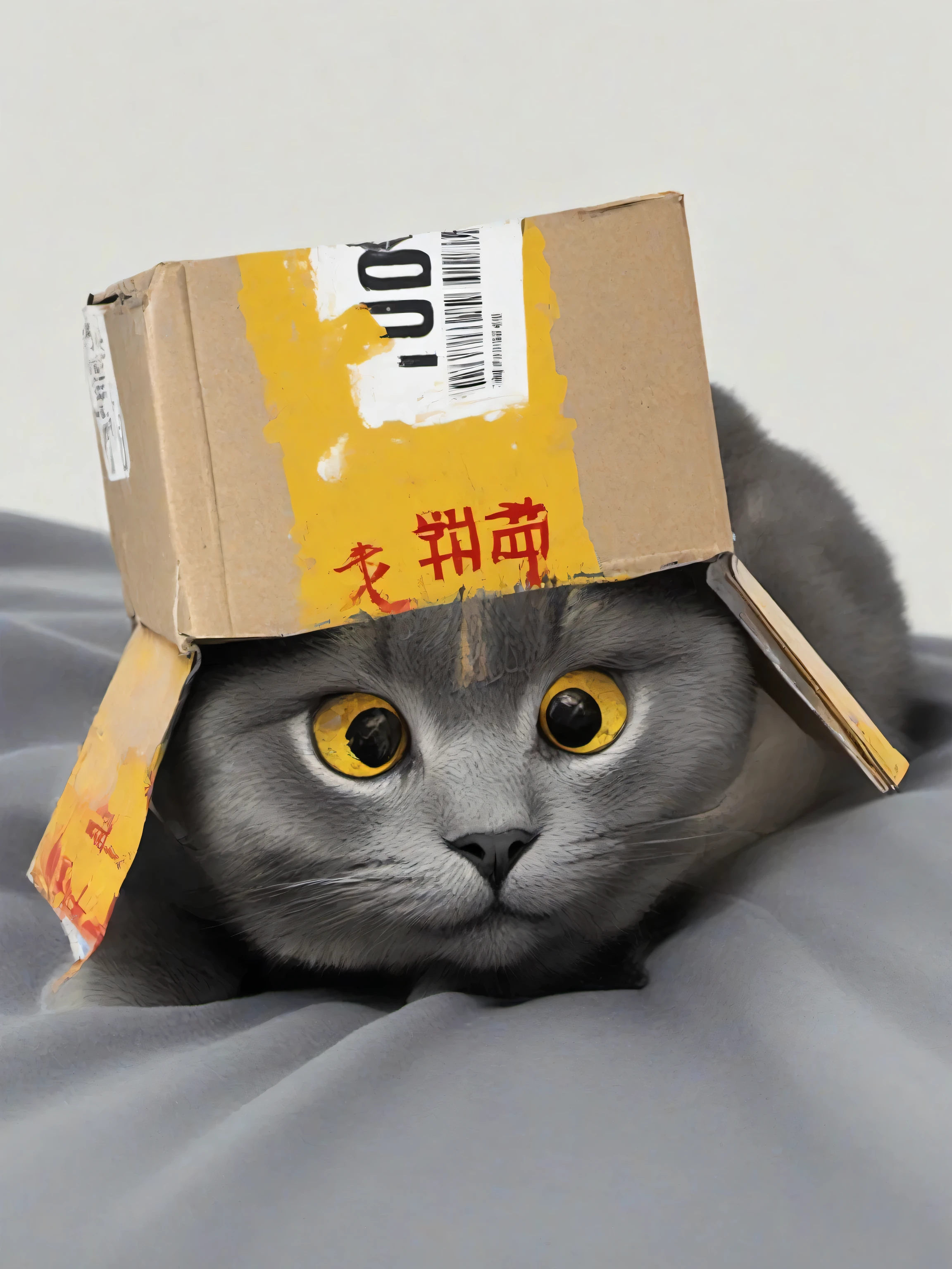 there is a cat that is laying down wearing a Box on its head, cat in hat, Box, Wearing a strange hat, Cover your head, cat from void, Head Up, big googles over her head, smol furry cat wearing smol hat, paws on head, An ahoge stood upside down on her head, beast, Ninja Cat